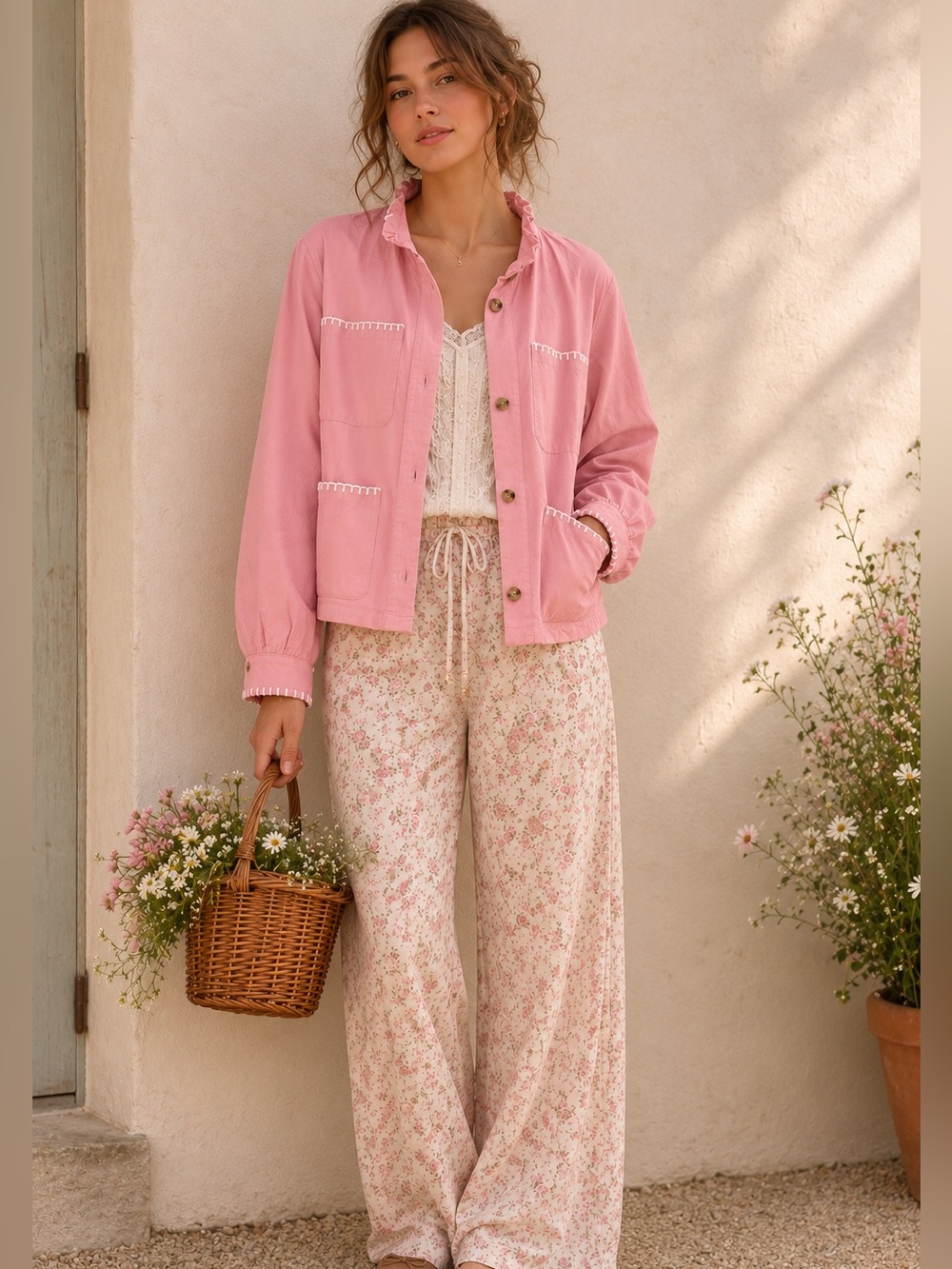 Pink Utility Jacket with Whipstitch Detail | Cottagecore | Size M